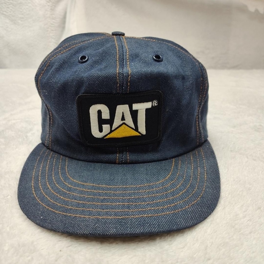 Vintage CAT Hat Snap Back Men Blue Denim Catapiller Workwear Made In USA Trucker